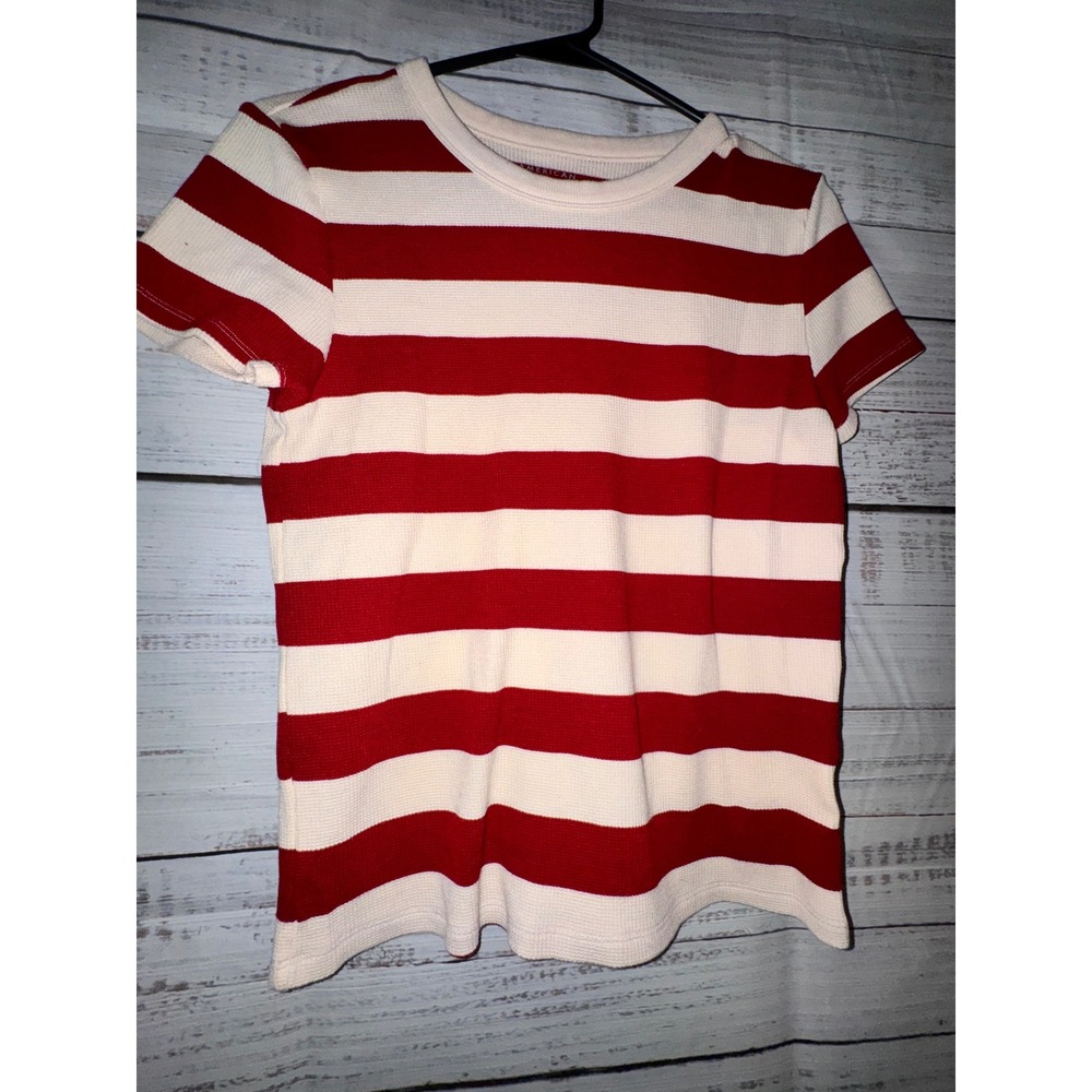 American Eagle Red Cream Striped Waffle Knit Thermal T-Shirt Womens Large L
